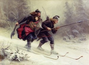 Sverre norvég király katonái, Torstein Skevla és Skjervald Skrukka a király fiát, Hakon Hakonssont szállítva