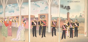 Illusztráció: a császár érkezése a Shinbashi állomásra egy győzelem után..., 1895.
