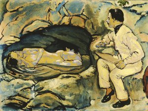 Önarckép, rajz sellővel a sziklabarlangban, 1914. alkotó: Koloman Moser