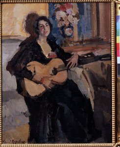 Nő gitárral. (Gitáros nő). Mosolyogva, egy padon ülve, egy csokor virág közelében, feketébe öltözve. Konsztantyin Alekszejevics Korovin (Konsztantin Korovin) festménye (1861-1939), olaj, vászon alkotó: Konstantin Alekseevich Korovin