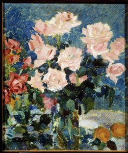 Rózsák (Rózsák). Konsztantyin Alekszejevics Korovin (Konsztantin Korovin) festménye (1861-1939), olaj, vászon, 1930 körül. Csendélet, 20. századi orosz művészet, posztimpresszionizmus. State Art useum, Jaroszlavl (Oroszország). alkotó: Konstantin Alekseevich Korovin