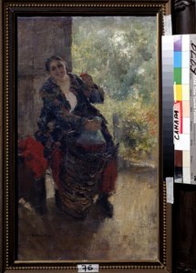 Háziasszony vagy nő egy pohár borral (A Landlady, Woman with a Glass of Wine). Egy erős ülő nő pirítósra emeli a poharát, és egy hatalmas üveg bort tart a kezében. Konsztantyin Alekszejevics Korovin (Konsztantin Korovin) festménye (1861-1939), alkotó: Konstantin Alekseevich Korovin