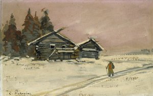 Téli táj két fakunyhóval (testszín és olaj a fedélzeten, rajzként rögzítve) alkotó: Konstantin Alekseevich Korovin