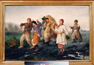 A vásárból való visszatérés (Egy részeg, szegény parasztcsalád sáros úton sétál, énekelve és táncolva) - A visszatérés a vásárból - Konsztantyin Alekszandrovics Trutovszkij (Troutovszkij) (1826-1893) festménye, olaj, vászon