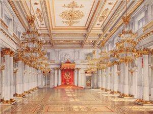 A Szentpétervári Téli Palota György-terem, Nagy Trónterem - Konsztantyin Andrejevics Ukhtomszkij (1818-1881) alkotása, akvarell, a padon