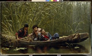 A Magvas férfiak. Három csempész, bûnözõ leírása diszkréten lesben a nádas között álcázott csónakban. Konsztantyin Apollonovics Savitsky (1844-1905) festménye, olaj, vászon