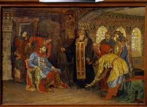 Dmitrij Pozsarszkij herceg (1577-1642) meghívása, hogy vezesse a hadsereget Moszkva felszabadítására. (Pozsarszkij herceg meghívása, hogy uralkodjon a hadseregeken Moszkva felszabadításáért). Miután megkapta Rosztovi Irenarchosz áldását, herceg