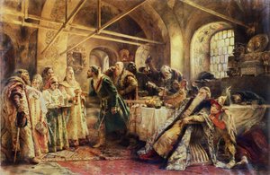 A csókszertartás - A domostroj idején a Moszkvai Nagyhercegségben egy bojár (boiár, boiar) választja leendő feleségét, a jelöltek a szarafán ruhába és a hagyományos fejdíszbe, a kokochnikba öltöztetik. alkotó: Konstantin Egorovich Makovsky