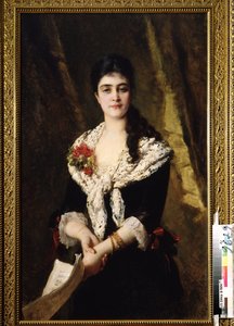 A. Panaeva Kartseva énekesnő portréja Tatyana szerepére Piotr Csajkovszkij Jevgenyij Oneguine című operájában. (A. Panajeva Karceva énekesnő portréja Tatyana szerepében P. Csajkovszkij Jevgenyij Agyin című operájában). Konsztantyin Jegorovics festménye alkotó: Konstantin Egorovich Makovsky