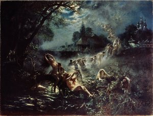 Sellők (Mermaids). Éjszaka a meztelen nők koszorúkat fontanak a folyóban, majd egymásba kapaszkodva láncot alkotnak, és felemelkednek az égbe, mielőtt beleolvadnak a felhők közé. Konsztantyin Jegorovics Makovszkij festmény (Constantin Makov