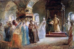 Alekszej Michailovics cár (1629-76) menyasszonyt választ alkotó: Konstantin Egorovich Makovsky