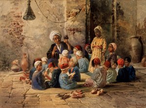 Egy iskola Kairóban (Egyiptom). (Egy iskola Kairóban). Egy tanár kikérdezi a fiúkat egy osztályteremben, amely egy padlószőnyegen van elrendezve. Egy fiú áll a többiek között, ülve és a tankönyvüket olvassa, a szőnyeget cipők veszik körül alkotó: Konstantin Egorovich Makovsky