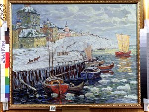 Töltés egy régi orosz városban. A rakpartok leírása, ahol a csónakok kikötnek egy hótömbökkel borított folyón, a háttérben egy város és egy induló vitorlás. Konstantin festménye (Co alkotó: Konstantin Ivanovich Gorbatov