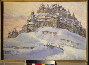 Régi orosz erőd. (Fából készült erődváros, hó alatt Ukrajnában a középkorban). Konstantin (Konsztantyin) Ivanovics Gorbatov (1876-1945) munkája, tempera fára, XX. század eleje. Magángyűjtemény.
