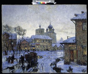 ""A felolvadás"" orosz falusi táj a tél végén. Konsztantyin (Konsztantyin) Gorbatov (1876-1945) festménye 1910 M. Kroshitsky Művészeti Múzeum, Szevasztopol