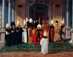 III. Szelim (1761-1808) fogadja a méltóságokat a Topkapi Boldogság kapujának baldachinja alatt, részlet III. Szulejmán szultán trónra lépésének ünnepségéről, 1789 körül (olaj, vászon). alkotó: Konstantin Kapidagli