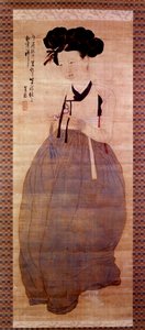 Art Coreen: gésa portréja (koreai lány gésa jelmezben). Nyomtatás 1758-ból. Magángyűjtemény. alkotó: Korean School