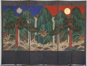 Táj (tempera és aranylevél a panelen) alkotó: Korean School
