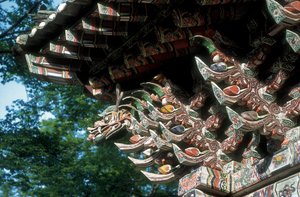 Sŏgwang-sa templom, Kosan megye, Kangwon tartomány, Észak-Korea, a tető részlete (fotó) alkotó: Korean School