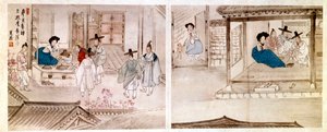 Art coreen: jelenetek egy gésa házában. Nyomtatás 1758-ból. Magángyűjtemény.