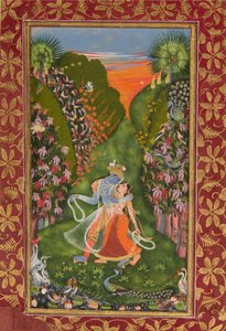 Radha és Krishna Walk in a Flowering Grove recto, Krishna Fluting verso, c1720 r, c1750-75 v alkotó: Kota Master