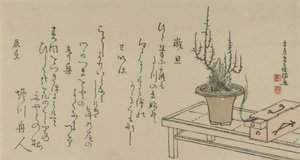 Bonsai szilvafa a padon és a dobozon, 1796. alkotó: Kubo Shunman