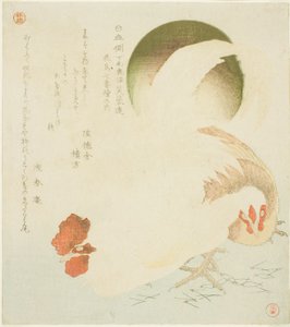 Kakas, tyúk és felkelő nap, a "Hét madár- és virágnyomat a kanumai Fuyo-kör számára Shimotsuke tartományban (Yamagawa Shimotsuke Kanuma Fuyo-ren kacho nanaban tsuzuki no uchi)" sorozatból. alkotó: Kubo Shunman