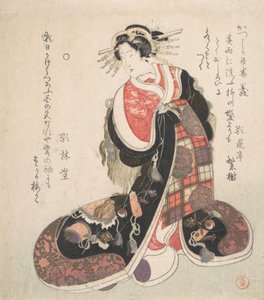 A Good Luck emblémáival hímzett, igényes ruhába öltözött udvarhölgy, kb. 1800. alkotó: Kubo Shunman