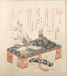 „Íróasztal írókészlettel és szilvavirágokkal”, az „Asakusa-csoport számára készült Ise-naptárak” (Asakusa-gawa Ise goyomi) sorozatból
A „Tavaszi eső” gyűjteményből (Harusame shū), 2. kötet alkotó: Kubo Shunman