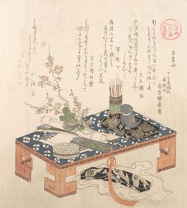 „Asztal írókészlettel és szilvavirágokkal,..., valószínűleg 1814, a kutya éve. alkotó: Kubo Shunman