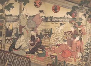 Két fiatal férfi és több nő vacsorázik egy teaházban a Sumida folyó partján, kb. 1788. alkotó: Kubo Shunman