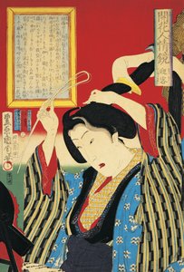 Közeli kép egy nőről, aki tükörbe néz alkotó: Toyohara Kunichika