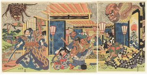 Minamoto no Yorimitsu és csatlósai legyőzik a földi pókot, 1804-1818 körül (fametszet (nishiki-e); tinta és szín, papír)