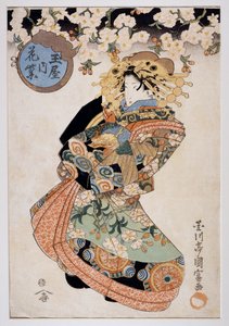 Hanamurasaki udvarhölgy a Tamaya teaházból, 1830 körül, Ukiyo-e art print Utagawa Kunitomi (aktív 1810-1830), Oban-tate-e fametszet, 38,2x26,5 cm, japán civilizáció alkotó: Kunitomi Utagawa