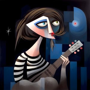 3D woman troubadour with her guitar in the night moon lights  4