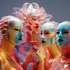 6 nő 3D parametrikus fluoreszkáló műanyag maszkokkal egy szürreális és parametrikus jövőbeli architektúrában, 2