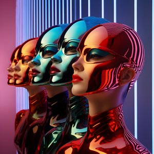 6 nő 3D parametrikus fluoreszkáló műanyag maszkokkal egy szürreális és parametrikus jövőbeli architektúrában, 3