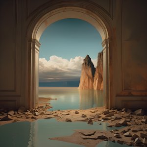 An image of an unused room with massive lake and desert in a huge hole futurecore, high contrast chiaroscuro warm tones 1
