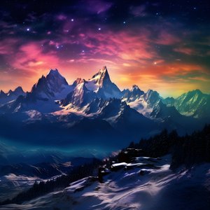 Die schneebedeckten Gipfel der Alpen leuchten wie ein Regenbogen in der Nacht 1