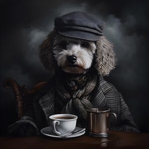 Ein kultivierter Pudel trinkt eine Tasse Tee, traegt einen Rollkragen und eine flache Muetze, rauchigen Hintergrund 2