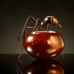Eine braune Ameise klettert auf einen riesigen Apfel 4