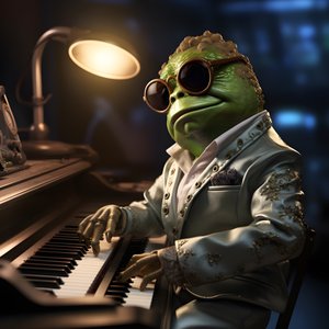 Elton John, mint béka napszemüveggel és zongorával 1