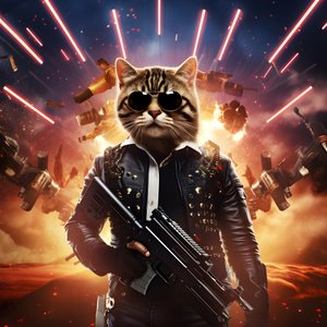 Filmplakát egy fekete-fehér pöttyös inget és fényes napszemüveget viselő macskáról, háttérben robbanásokkal és ágyúkkal 2
