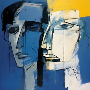 Gemaelde von zwei Koepfen vor blauem Hintergrund 4