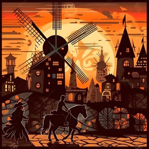Hintergrund Don Quijote ganz rechts auf seinem Esel so klein wie ein Schatten, vor den Windmühlen, eine passende Kulisse 4