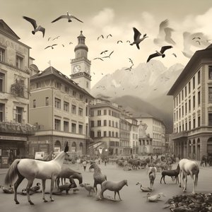 Innsbruck egy régi fényképen elegáns zebrákkal, sirályokkal, majmokkal és agyagfigurákkal. 1