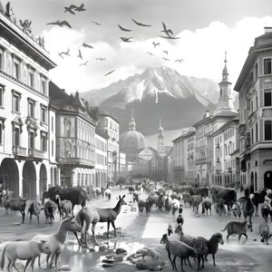Innsbruck egy régi fényképen elegáns zebrákkal, sirályokkal, majmokkal és agyagfigurákkal. 2
