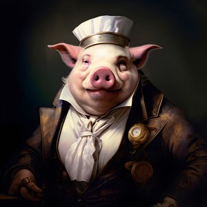 Kalter und herrschsuechtiger anthropomorpher Schweineplantagenbesitzer, stechende Augen, fetter molliger Koerper, Zigarre in der Hand, exquisiter schicker suedlaendischer weißer Anzug und Weste, Taschenuhr an einer Kette, Monokel, weißer Filzhut,  Nahaufna