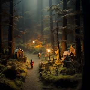 Miniatűr billenős halloween-erdő ködös fákkal és kísérteties hangulattal 1