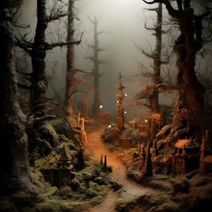 Miniatűr billenős halloween-erdő ködös fákkal és kísérteties hangulattal 4